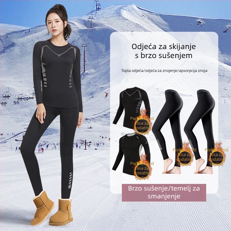 Ženski zimski termalni komplet s gornjim i donjim dijelom kao baznim slojem, fleec podstava, za skijanje i outdoor planinarenje