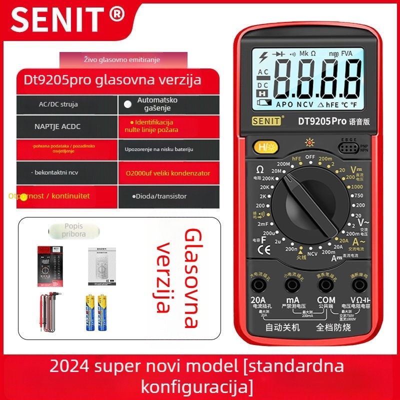 Yisheng digitalni multimetar s glasovnim vodičem, automatsko glasovno upozorenje, visoka preciznost, otporno na izgaranje, 40-dijelni set za demontažu