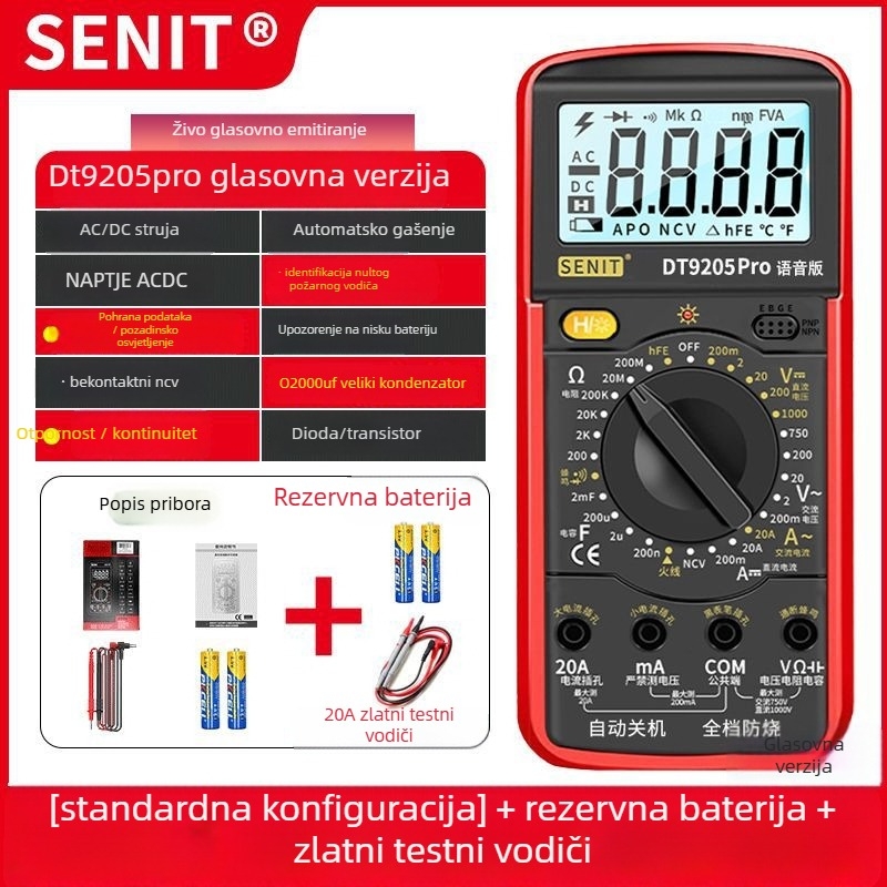 Yisheng digitalni multimetar s glasovnim vodičem, automatsko glasovno upozorenje, visoka preciznost, otporno na izgaranje, 40-dijelni set za demontažu