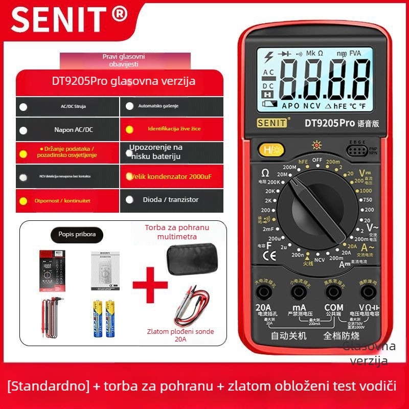Yisheng digitalni multimetar s glasovnim vodičem, automatsko glasovno upozorenje, visoka preciznost, otporno na izgaranje, 40-dijelni set za demontažu