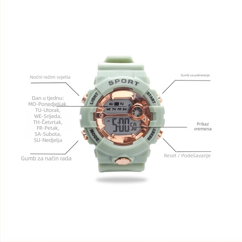 Elektronički sat Terry s mehanizmom NT-881, brojčani prikaz, noćno svjetlo, kućište PVC i narukvica PVC, unisex svakodnevni sportski sat