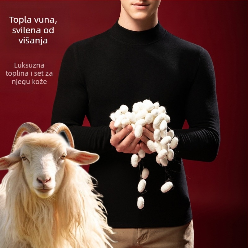 Muški termo gornji dio od vune i svile s polu-visokom ovratnikom, velur podstava, ekstra debeli 301-350 g/m²