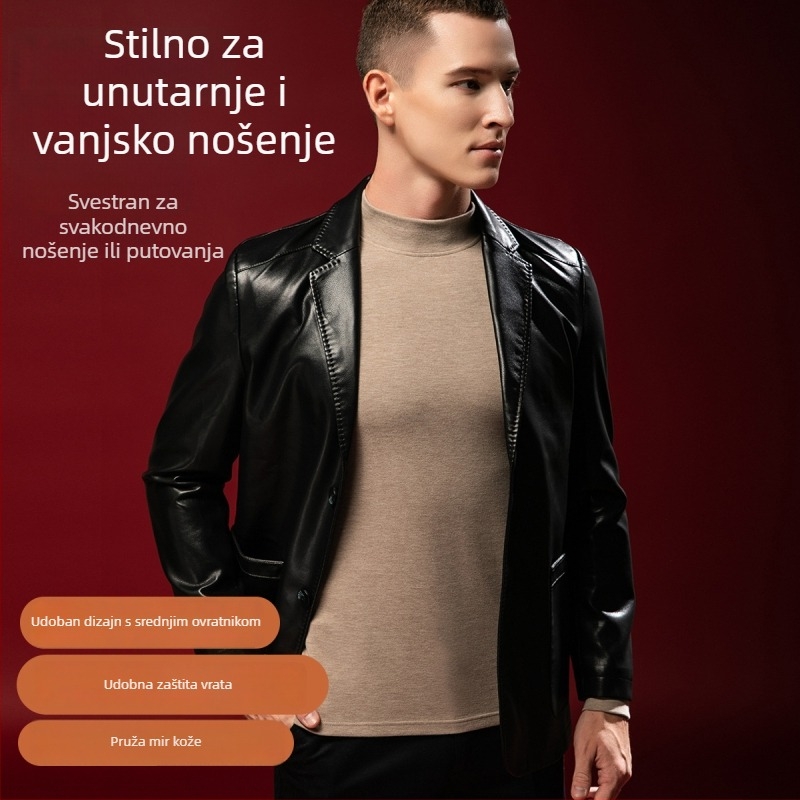 Muški termo gornji dio od vune i svile s polu-visokom ovratnikom, velur podstava, ekstra debeli 301-350 g/m²