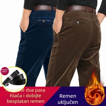 Muške hlače od korduroja, visokim strukom, opuštenog ravnog kroja, jesensko-zimske ležerne hlače