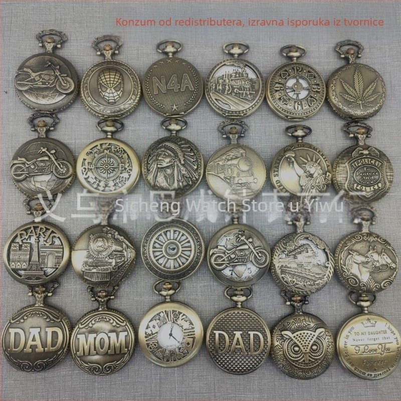 Kvarcni džepni sat s metalnim kućištem, okruglim brojčanikom, izrezbarenim šupljim motívom lokomotive, pogon 68