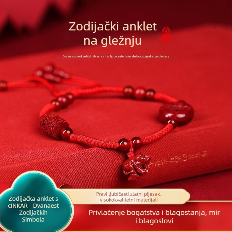 Anklet od cinabru, unisex, dizajn nacionalnog stila, motiv zodijaka