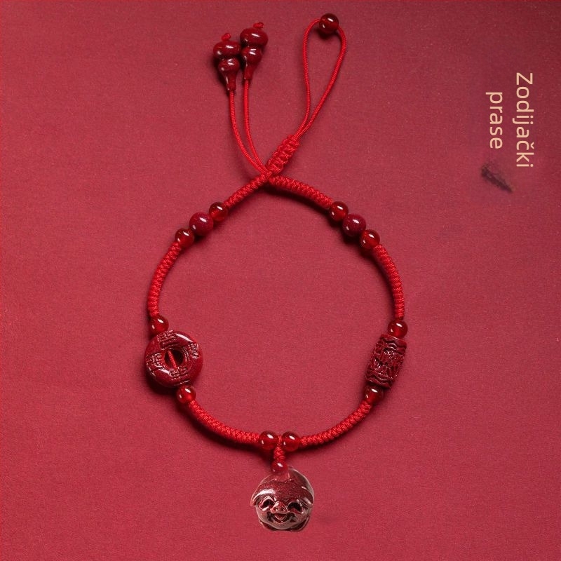 Anklet od cinabru, unisex, dizajn nacionalnog stila, motiv zodijaka