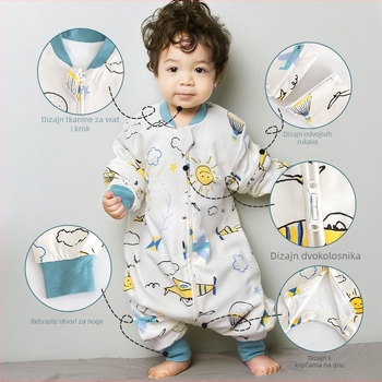 Dječji spavaći vak od čiste pamuka (≥95%), jednodjelni sloj, s podijeljenim nogama, s odvojivim rukavima, s karikaturalnim uzorkom, za djecu od 0 do 6 godina.