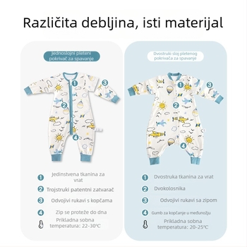 Dječji spavaći vak od čiste pamuka (≥95%), jednodjelni sloj, s podijeljenim nogama, s odvojivim rukavima, s karikaturalnim uzorkom, za djecu od 0 do 6 godina.
