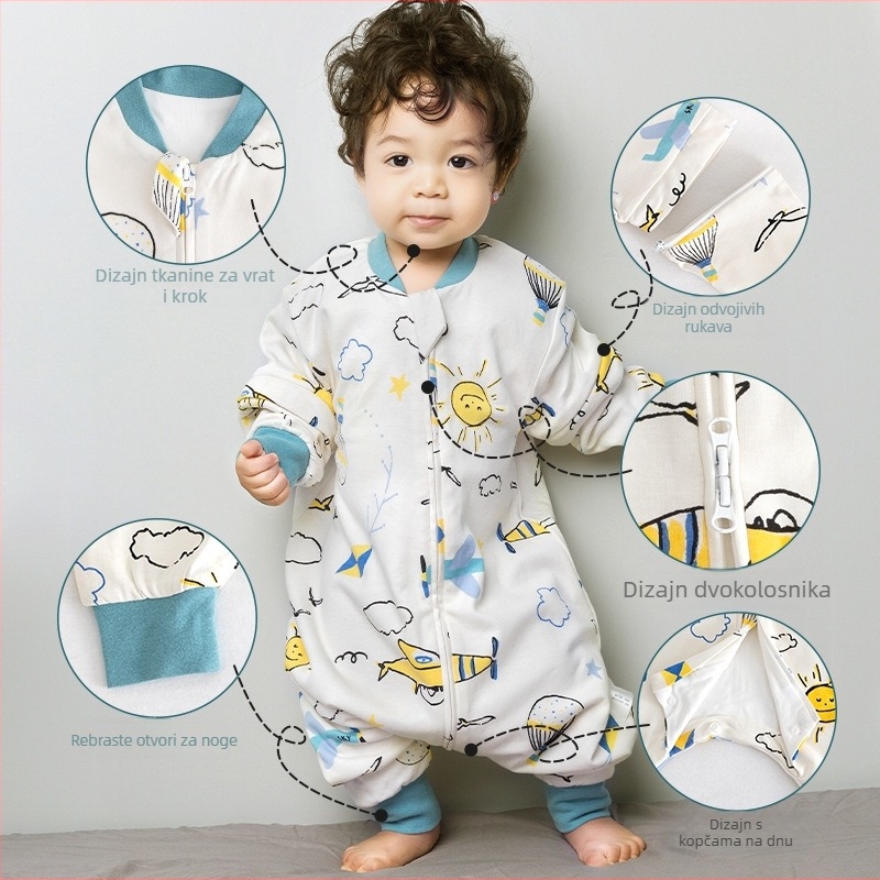 Dječji spavaći vak od čiste pamuka (≥95%), jednodjelni sloj, s podijeljenim nogama, s odvojivim rukavima, s karikaturalnim uzorkom, za djecu od 0 do 6 godina.