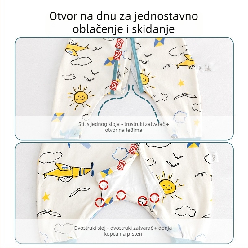 Dječji spavaći vak od čiste pamuka (≥95%), jednodjelni sloj, s podijeljenim nogama, s odvojivim rukavima, s karikaturalnim uzorkom, za djecu od 0 do 6 godina.