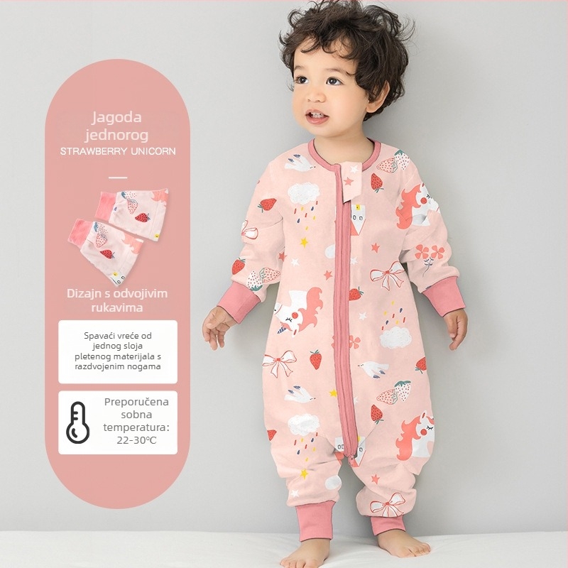Dječji spavaći vak od čiste pamuka (≥95%), jednodjelni sloj, s podijeljenim nogama, s odvojivim rukavima, s karikaturalnim uzorkom, za djecu od 0 do 6 godina.