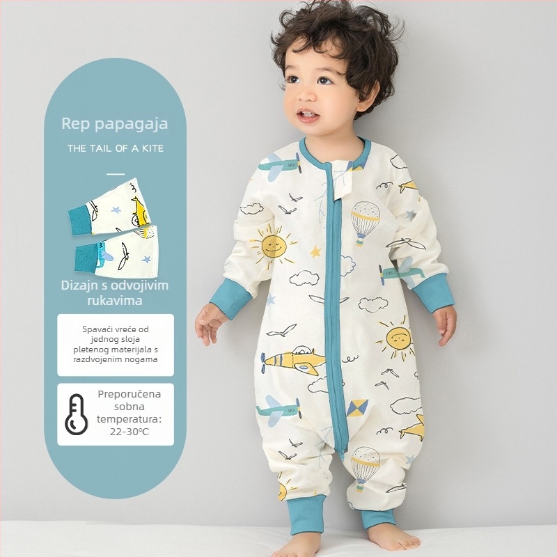 Dječji spavaći vak od čiste pamuka (≥95%), jednodjelni sloj, s podijeljenim nogama, s odvojivim rukavima, s karikaturalnim uzorkom, za djecu od 0 do 6 godina.