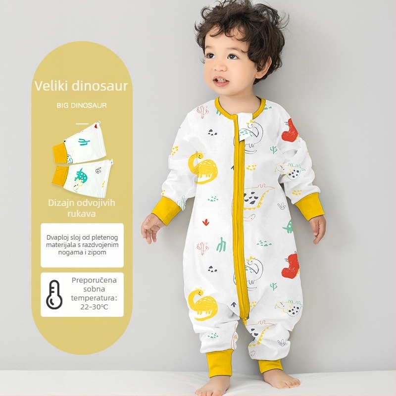 Dječji spavaći vak od čiste pamuka (≥95%), jednodjelni sloj, s podijeljenim nogama, s odvojivim rukavima, s karikaturalnim uzorkom, za djecu od 0 do 6 godina.