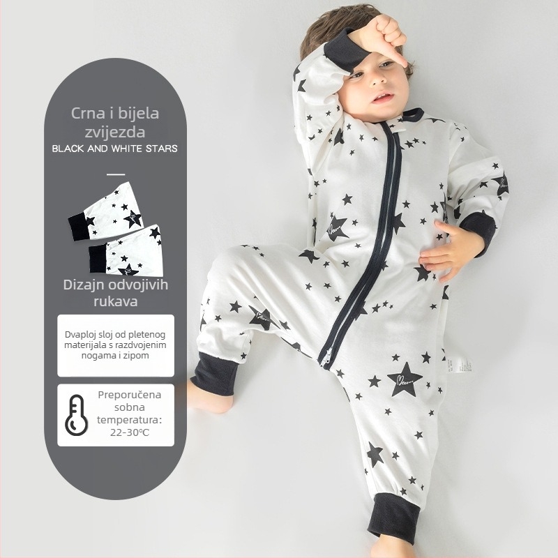 Dječji spavaći vak od čiste pamuka (≥95%), jednodjelni sloj, s podijeljenim nogama, s odvojivim rukavima, s karikaturalnim uzorkom, za djecu od 0 do 6 godina.