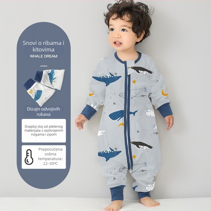 Dječji spavaći vak od čiste pamuka (≥95%), jednodjelni sloj, s podijeljenim nogama, s odvojivim rukavima, s karikaturalnim uzorkom, za djecu od 0 do 6 godina.