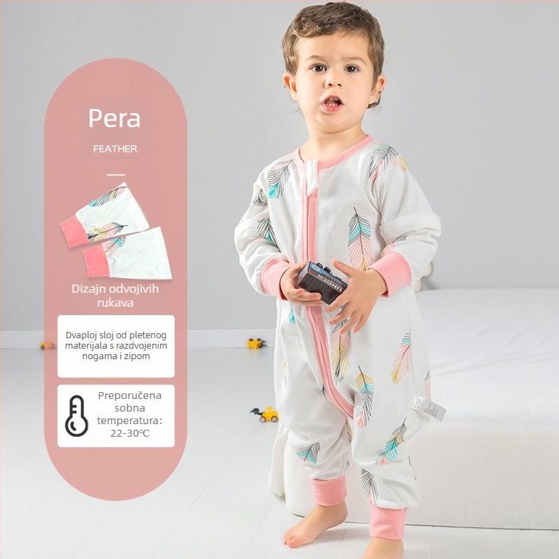 Dječji spavaći vak od čiste pamuka (≥95%), jednodjelni sloj, s podijeljenim nogama, s odvojivim rukavima, s karikaturalnim uzorkom, za djecu od 0 do 6 godina.