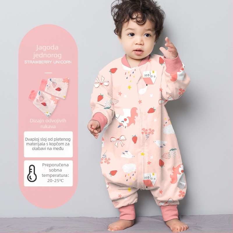 Dječji spavaći vak od čiste pamuka (≥95%), jednodjelni sloj, s podijeljenim nogama, s odvojivim rukavima, s karikaturalnim uzorkom, za djecu od 0 do 6 godina.