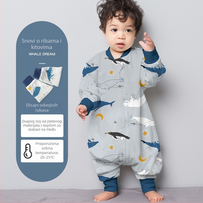 Dječji spavaći vak od čiste pamuka (≥95%), jednodjelni sloj, s podijeljenim nogama, s odvojivim rukavima, s karikaturalnim uzorkom, za djecu od 0 do 6 godina.