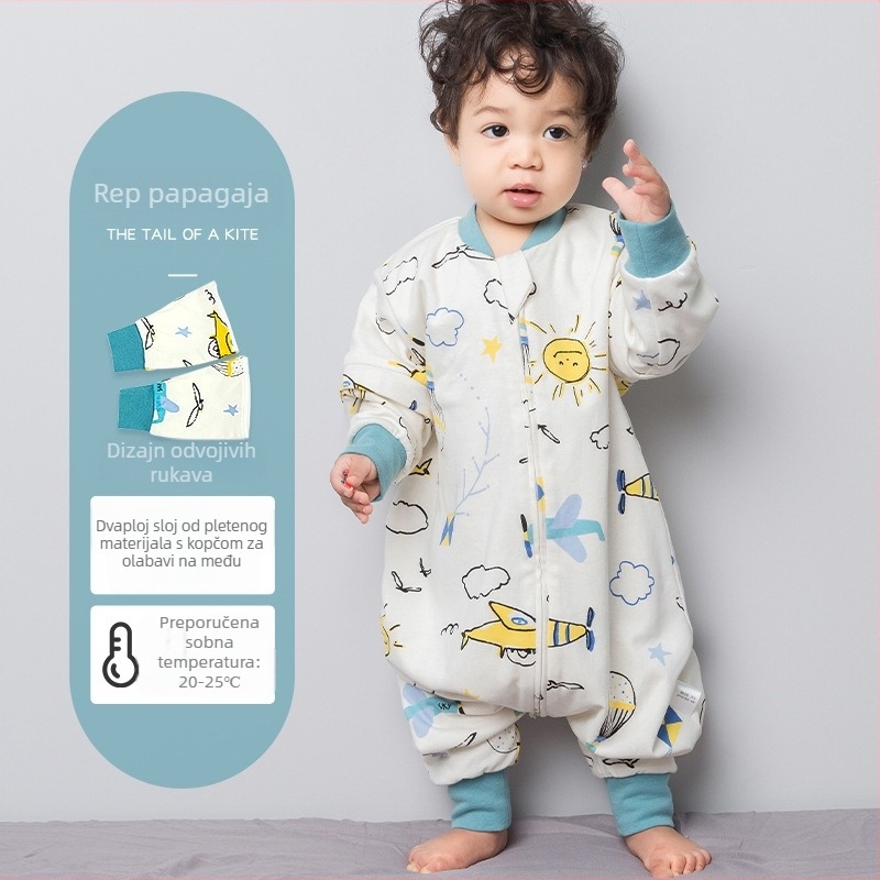 Dječji spavaći vak od čiste pamuka (≥95%), jednodjelni sloj, s podijeljenim nogama, s odvojivim rukavima, s karikaturalnim uzorkom, za djecu od 0 do 6 godina.