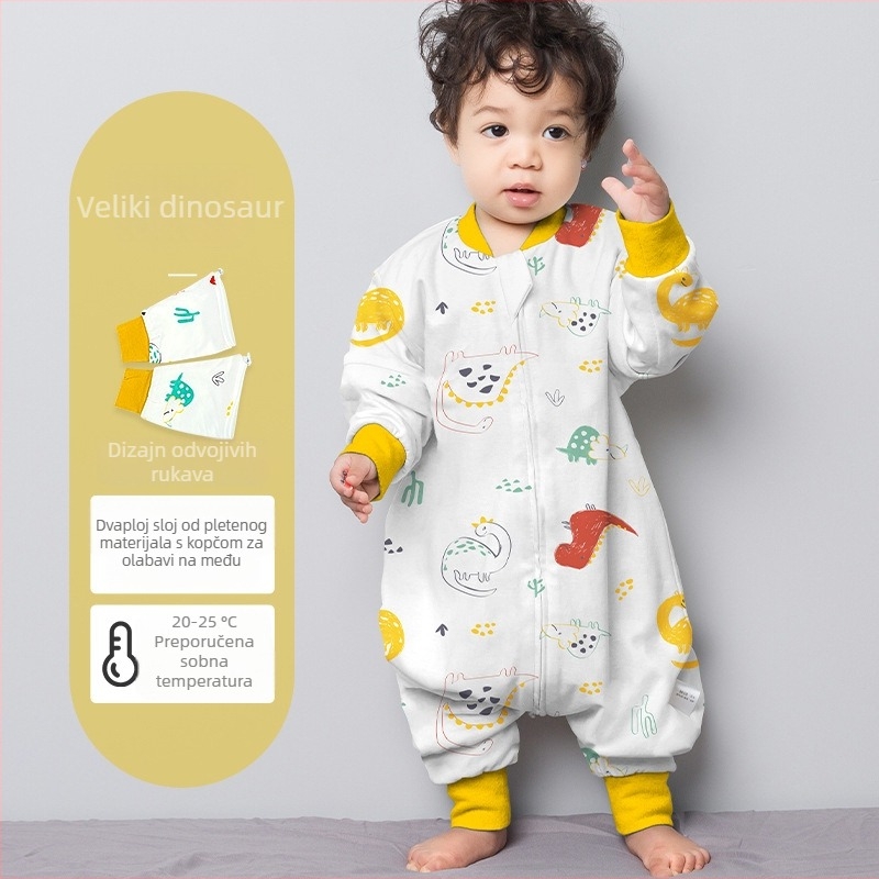 Dječji spavaći vak od čiste pamuka (≥95%), jednodjelni sloj, s podijeljenim nogama, s odvojivim rukavima, s karikaturalnim uzorkom, za djecu od 0 do 6 godina.
