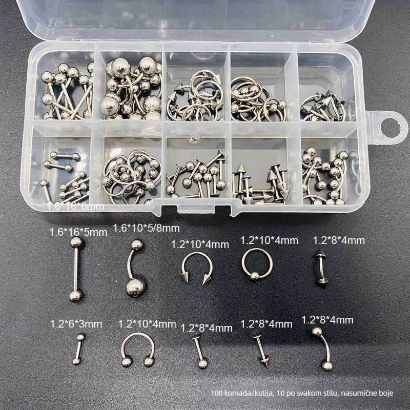 Set nakita za piercing — nehrđajući čelik, elektroplatiranje, U-oblik, uključuje nosni prsten, nosni štift, obrvni štift, pupčani prsten