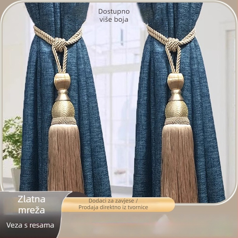 Traka za zavjese s kuglicom i resicama — tkanina, moderan minimalistički stil