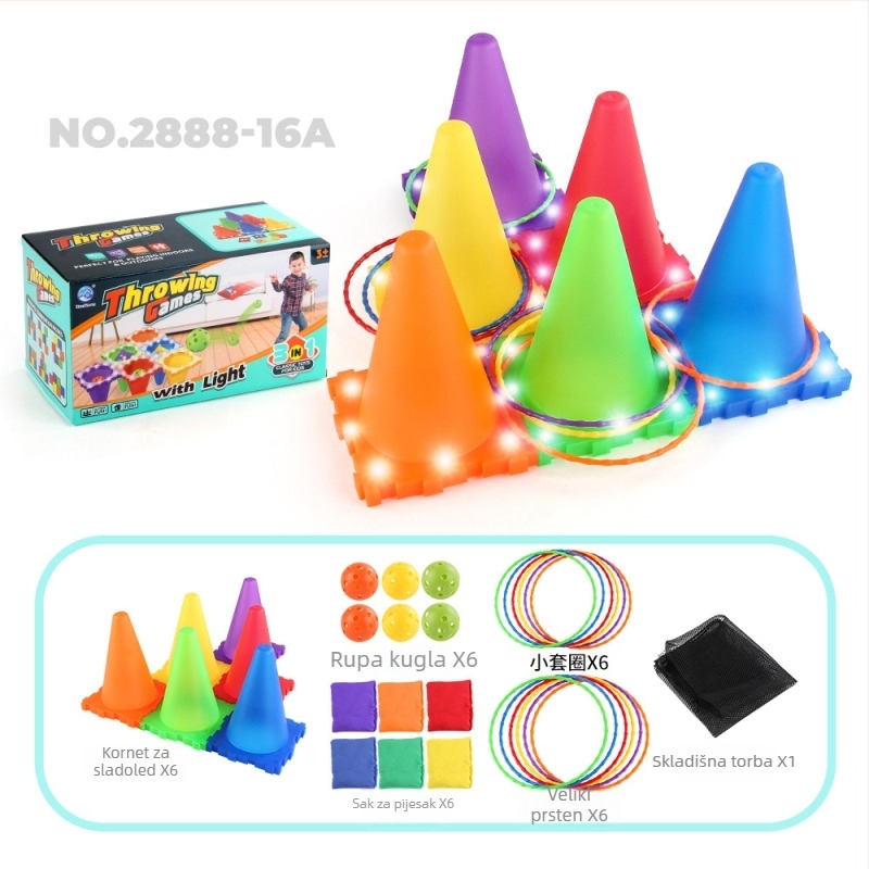 Plastični prstenovi za bacanje u obliku slastičarnog korneta za senzornu obuku – svijetleći, tri u jedan, za djecu 4–6 godina (materijal: plastika; funkcija: bacanje prstena; dob: 4–6; svijetleći; tri u jedan)
