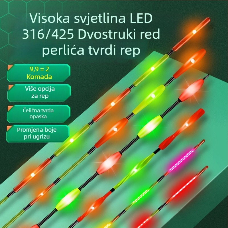 LED plutajući rep za ribolov — visoka osvijetljenost, dvostruki red LED dioda 322/425, promjena boje, dnevna/noćna upotreba