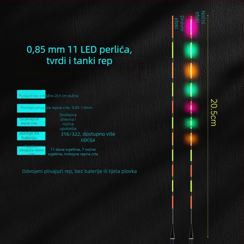 LED plutajući rep za ribolov — visoka osvijetljenost, dvostruki red LED dioda 322/425, promjena boje, dnevna/noćna upotreba