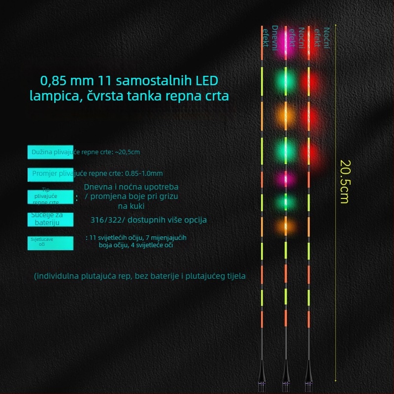 LED plutajući rep za ribolov — visoka osvijetljenost, dvostruki red LED dioda 322/425, promjena boje, dnevna/noćna upotreba