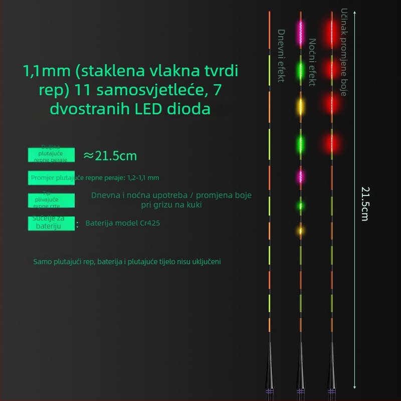LED plutajući rep za ribolov — visoka osvijetljenost, dvostruki red LED dioda 322/425, promjena boje, dnevna/noćna upotreba