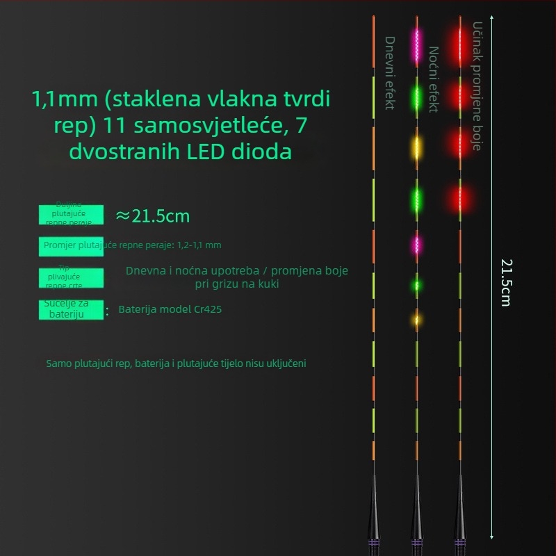 LED plutajući rep za ribolov — visoka osvijetljenost, dvostruki red LED dioda 322/425, promjena boje, dnevna/noćna upotreba