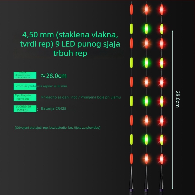 LED plutajući rep za ribolov — visoka osvijetljenost, dvostruki red LED dioda 322/425, promjena boje, dnevna/noćna upotreba