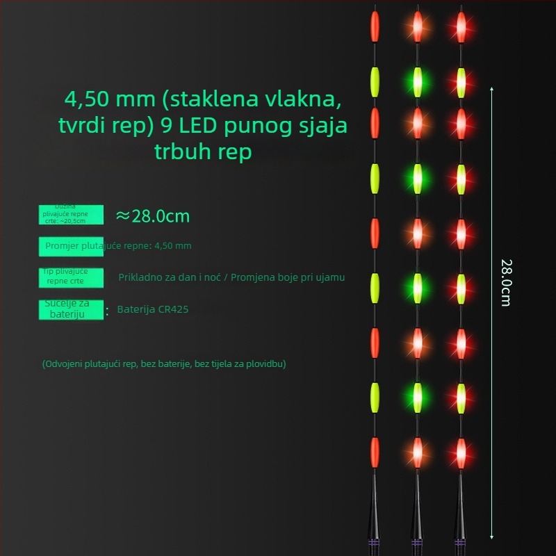 LED plutajući rep za ribolov — visoka osvijetljenost, dvostruki red LED dioda 322/425, promjena boje, dnevna/noćna upotreba