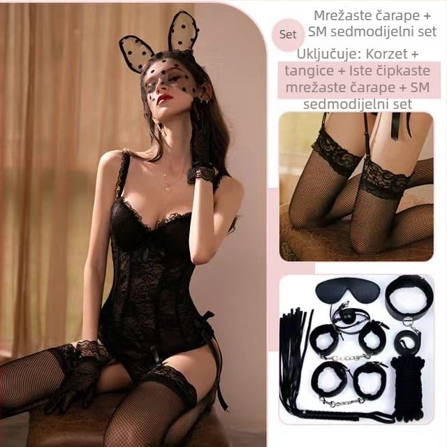 Seksi set donjeg rublja s vestom, čipkastim rubom, čeličnim kostima, uska silueta za igru uloga i uniformu