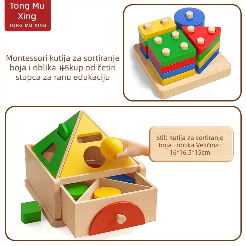 Montessori drvena igračka za prepoznavanje boja i oblika – slaganje blokova za rani razvoj, 0-3 godine