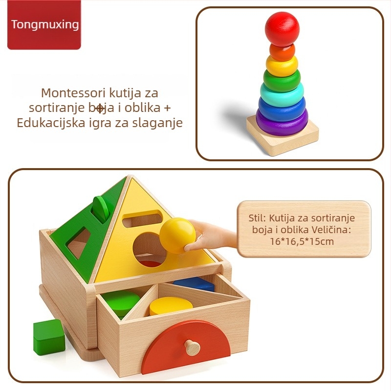 Montessori drvena igračka za prepoznavanje boja i oblika – slaganje blokova za rani razvoj, 0-3 godine