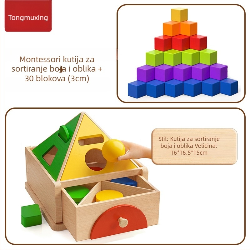 Montessori drvena igračka za prepoznavanje boja i oblika – slaganje blokova za rani razvoj, 0-3 godine