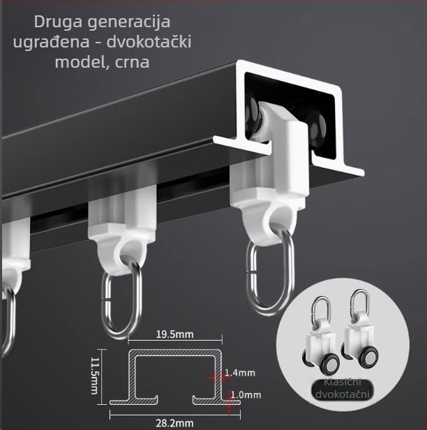 Ugrađena šina za zavjese s fleksibilnim kliznim vodilom, aluminijska legura, model NQG, tiha ležišta, moderni minimalistički stil