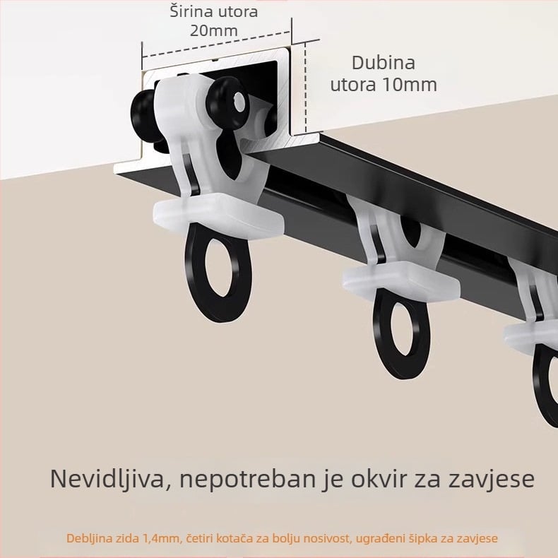 Ugrađena šina za zavjese s fleksibilnim kliznim vodilom, aluminijska legura, model NQG, tiha ležišta, moderni minimalistički stil