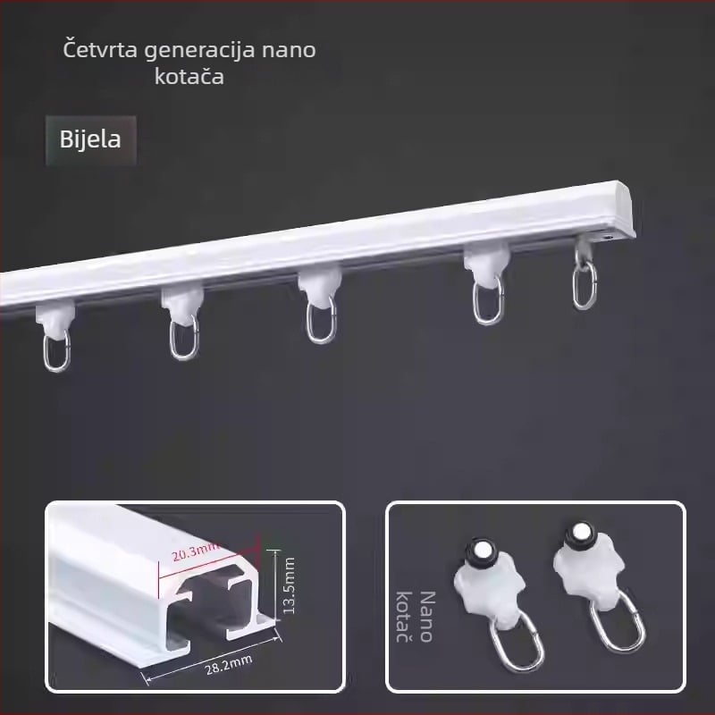 Ugrađena šina za zavjese s fleksibilnim kliznim vodilom, aluminijska legura, model NQG, tiha ležišta, moderni minimalistički stil