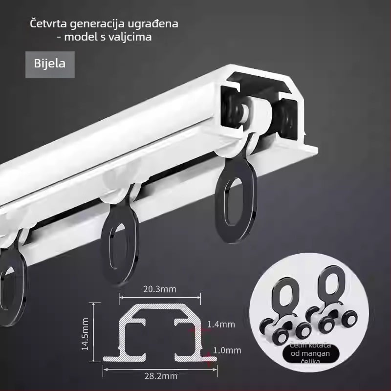 Ugrađena šina za zavjese s fleksibilnim kliznim vodilom, aluminijska legura, model NQG, tiha ležišta, moderni minimalistički stil