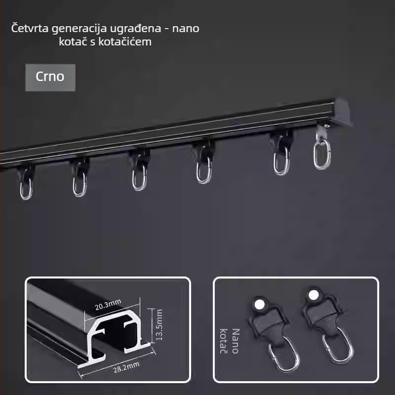 Ugrađena šina za zavjese s fleksibilnim kliznim vodilom, aluminijska legura, model NQG, tiha ležišta, moderni minimalistički stil