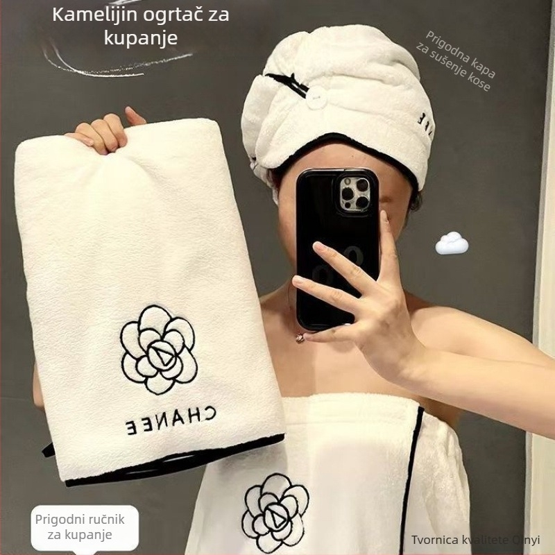 Camellia set ručnika za kupanje za žene – trodjelni set: nosivi prekrivac/kupaonski ručnik, veliki ručnik i kapa za sušenje kose, mikrovlakno 500 g+.