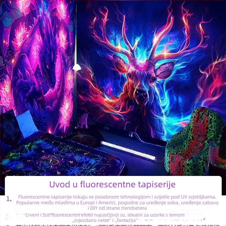 UV svjetleći gobelin s motivom životinja, fluorescirajući poliester, zidna dekoracija za dnevni boravak i spavaću sobu