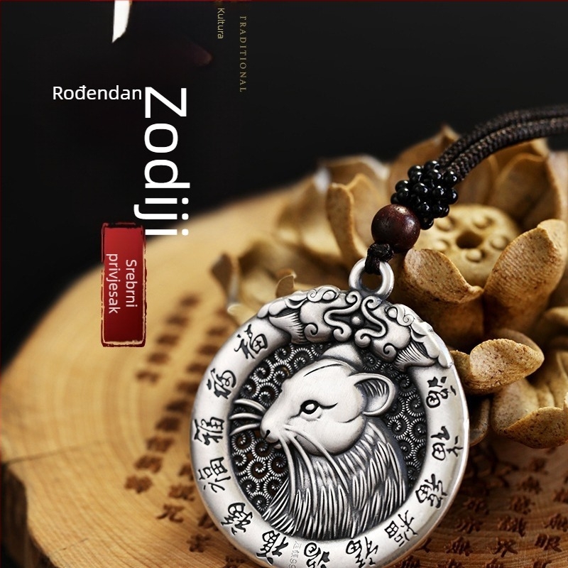 Unisex bakreni privjesak ogrlica s dvostrano šupljim privjeskom 12 znakova zodijaka na bisernom lancu; umjetni kristal, elektroplatiranje, 20 g