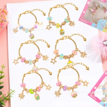 DIY dječja narukvica od perlica s podesivim lancem, stil uljne slikа, oblik lista, cinkova legura, imitacijski kristali i perlа