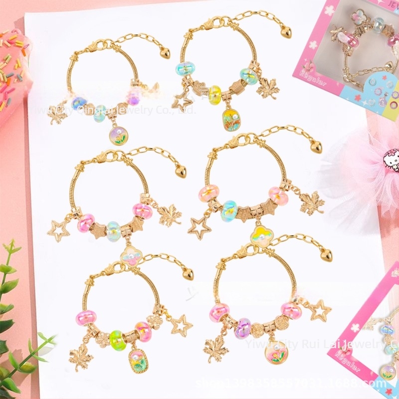 DIY dječja narukvica od perlica s podesivim lancem, stil uljne slikа, oblik lista, cinkova legura, imitacijski kristali i perlа