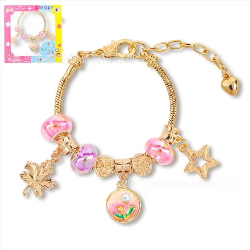 DIY dječja narukvica od perlica s podesivim lancem, stil uljne slikа, oblik lista, cinkova legura, imitacijski kristali i perlа